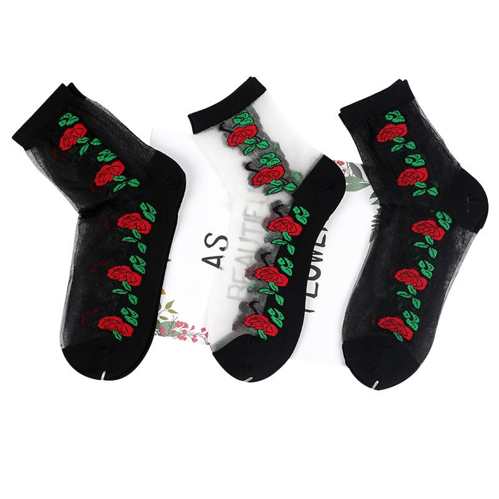 Thin Rose Silk Crystal Lace Ankle Socks