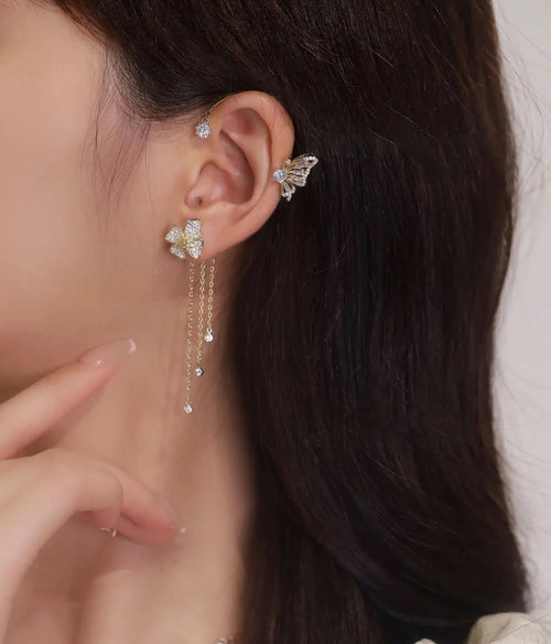 Cubic zirconia earrings with butterfly fringes Set