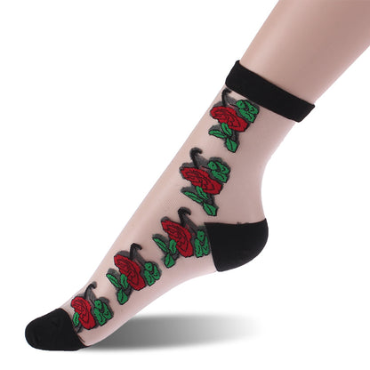 Thin Rose Silk Crystal Lace Ankle Socks