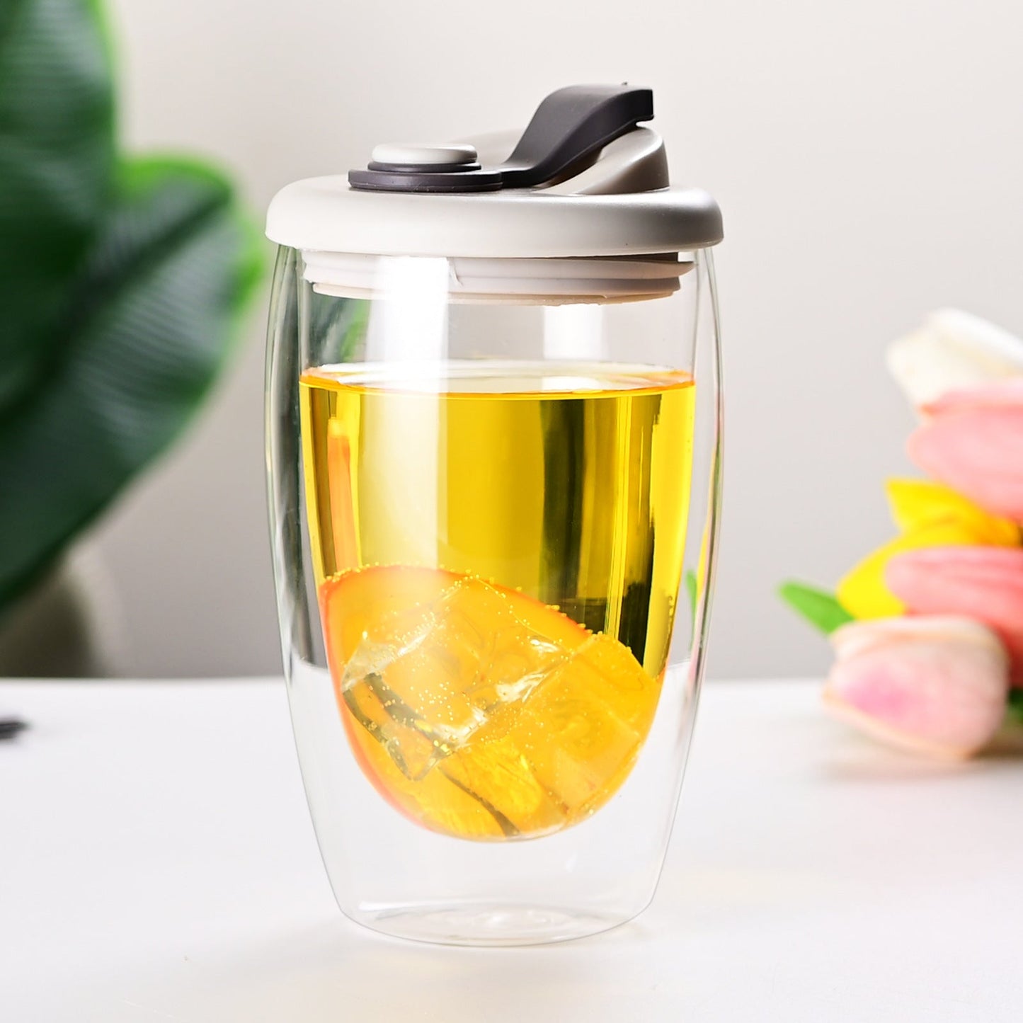 Double Layer Glass Cup With Lid