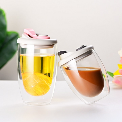 Double Layer Glass Cup With Lid