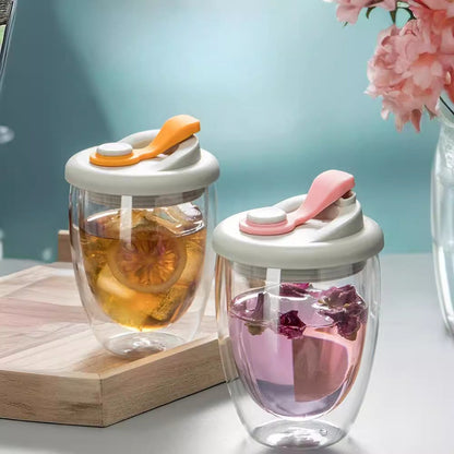 Double Layer Glass Cup With Lid